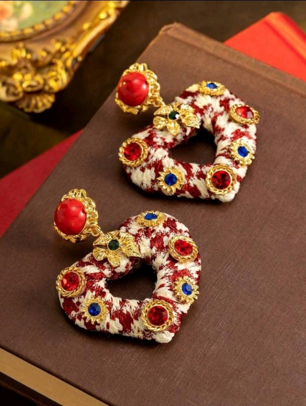 NEW! Statement Handcrafted Red & Blue Stones Gold Heart Drop Earrings